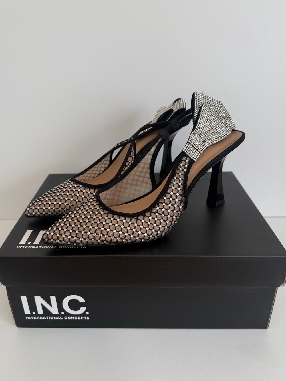 INC International Concepts Rhinestone Slingback Mesh Pumps in Black and Silver